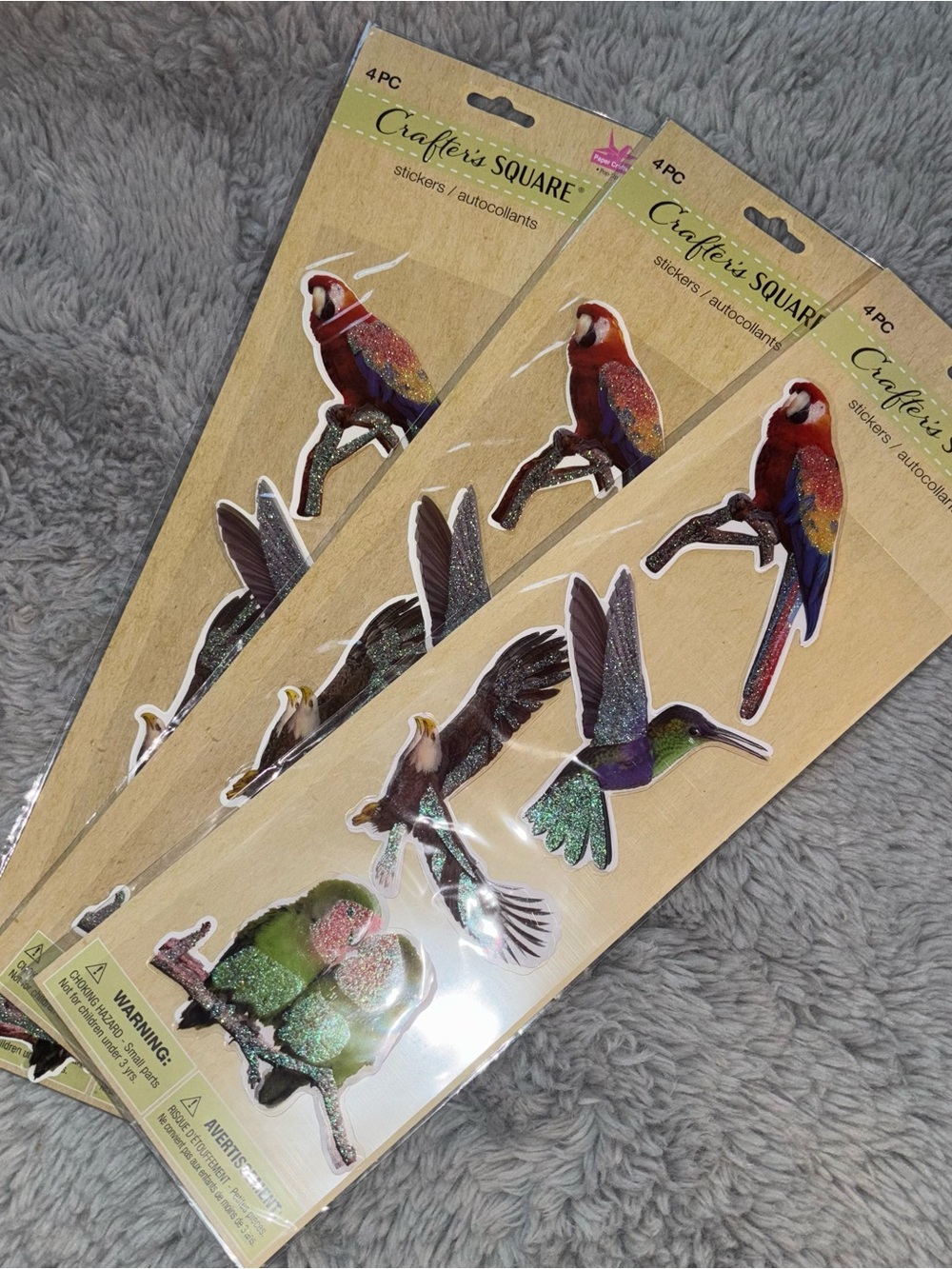 Multicolor Bird Stickers with Glitter – set of 3 Pack of 4